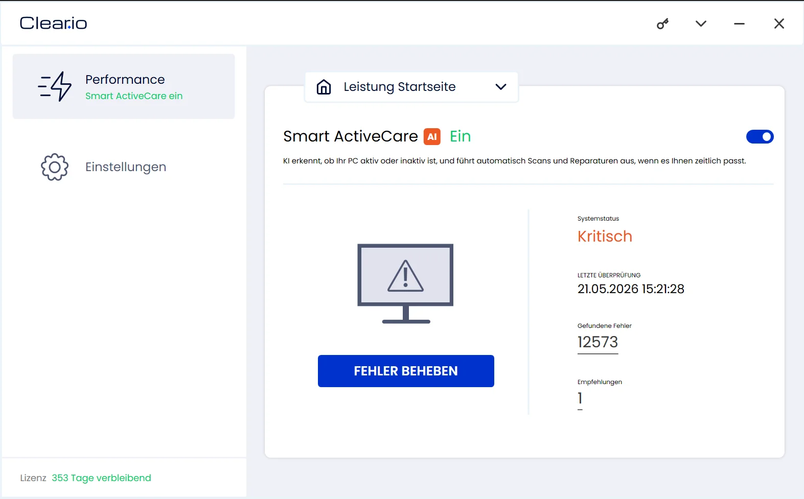 Cleario dashboard running a PC scan, showing detected junk files and performance issues ready for cleanup.