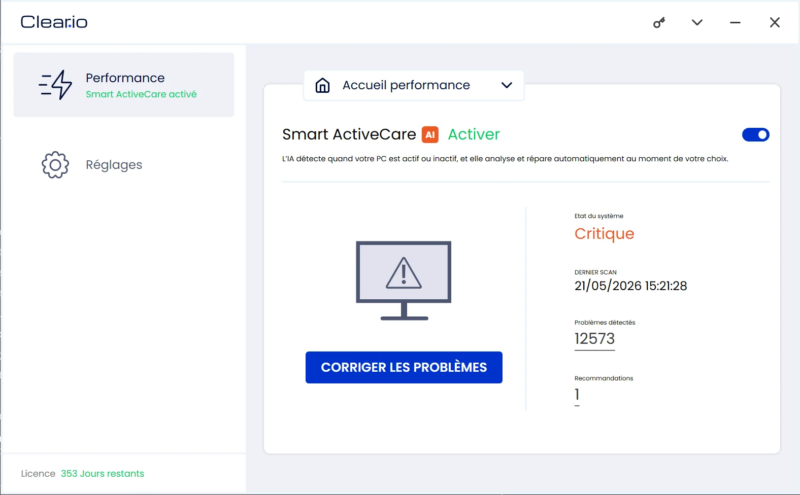 Cleario dashboard running a PC scan, showing detected junk files and performance issues ready for cleanup.