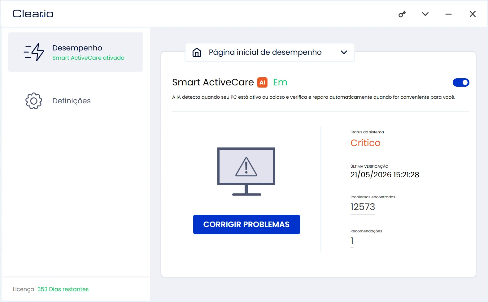 Cleario dashboard running a PC scan, showing detected junk files and performance issues ready for cleanup.