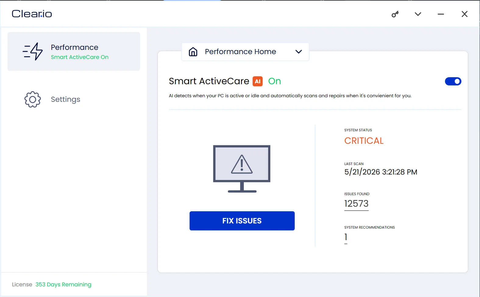 Cleario dashboard running a PC scan, showing detected junk files and performance issues ready for cleanup.